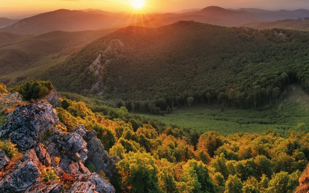 sun set over moutain valley
